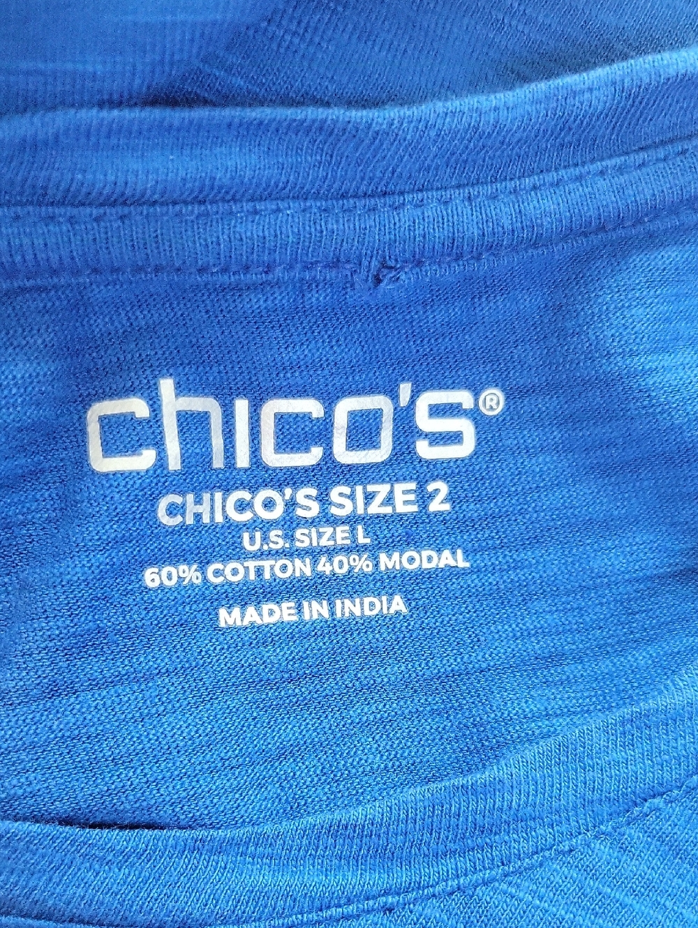 Chico's Cobalt Cotton Slub Smocked Sleeve Tee Basic Knit Size Large - Picture 5 of 6